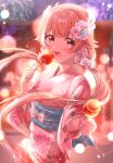  1girl aerial_fireworks candy_apple commentary fireworks floral_print floral_print_kimono flower food hair_flower hair_ornament head_wings heart heart-shaped_pupils highres holding holding_candy_apple holding_food indie_virtual_youtuber japanese_clothes kimono long_hair obi open_mouth orange_hair papemo368 pillowdear pink_flower pink_kimono print_kimono red_eyes sash second-party_source solo symbol-shaped_pupils twintails virtual_youtuber white_wings wings 