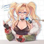  1girl :d alternate_breast_size_(smaller) bespectacled blonde_hair blue_eyes breasts choker cleavage collarbone commentary_request commission fingerless_gloves fur-trimmed_jacket fur_trim glasses gloves granblue_fantasy highres jacket long_hair looking_at_viewer medium_breasts microphone nail_polish off-shoulder_jacket off_shoulder red-framed_eyewear red_nails skeb_commission smile solo souichi twintails upper_body watermark zeta_(granblue_fantasy) 