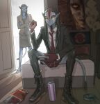 2026 4_fingers alien alternate_universe angry ashtray backlighting bed black_body_markings black_boots black_clothing black_footwear black_hair black_suit blue_body blue_skin boots bottomwear brown_clothing brown_suit business_suit chips_(food) clenched_teeth clothed clothed_female clothed_humanoid clothing controller crossed_arms digital_drawing_(artwork) digital_media_(artwork) disrespect duo dutch_angle ear_piercing ear_ring english_description eye_markings female female_humanoid fingers floor food footwear full-length_portrait furniture game_controller gaming_controller gesture grand_theft_auto grand_theft_auto_v hair hand_gesture hi_res holding_controller holding_game_controller holding_object humanoid inside james_cameron's_avatar light lighting long_hair looking_at_another markings middle_finger monster_energy monster_energy_can movie_poster na'vi necktie neytiri not_furry on_bed pathfinderavt perspective_shot picture_in_picture piercing pillow pleated_skirt pointy_ears portrait prick_ears red_body_markings red_bodypaint red_necktie ring_piercing rockstar_games scene_parody shoelaces shoes short_snout sitting sitting_on_bed skinny_female skinny_humanoid skirt solo_focus suit tail tail_tuft teeth tuft varang_(avatar) wide_stance wood wood_floor yellow_eyes