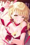  bare_shoulders blonde_hair braid breasts commentary_request envelope fujita_kotone gakuen_idolmaster grin highres idolmaster looking_at_viewer low_twin_braids naked_ribbon red_ribbon rei_(rei's_room) ribbon small_breasts smile twin_braids yellow_eyes 