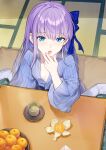  1girl absurdres blue_eyes blue_ribbon blush breasts coffeekite commentary_request fate/grand_order fate_(series) food fruit hair_ribbon highres kotatsu long_hair long_sleeves looking_at_viewer mandarin_orange meltryllis_(fate) open_mouth purple_hair ribbon small_breasts solo table very_long_hair 