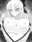  1girl absurdres ahoge bare_shoulders bow breasts cleavage collarbone commentary_request fate/grand_order fate_(series) greyscale hair_bow half_updo highres japanese_clothes kimono large_breasts long_sleeves looking_at_viewer mcpc_zamurai monochrome off_shoulder okita_souji_(fate) sarashi short_hair solo sweat 