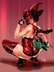  ass bare_shoulders black_hair boots bowalia breasts fingerless_gloves gloves green_eyes guilty_gear guitar hat i-no instrument large_breasts mole mole_above_mouth red_hat short_hair signature solo spread_legs squatting thigh_boots thighhighs topless witch_hat 