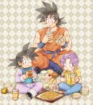  90s argyle argyle_background ayo_(isy8800) bad_id bad_pixiv_id belt big_hair black_eyes black_hair chinese_clothes crossed_legs cup denim dragon_ball dragon_ball_super drinking drinking_glass drinking_straw eating eyebrows_visible_through_hair fast_food father_and_son food french_fries full_body grey_background hamburger holding holding_cup holding_food jacket jeans ketchup looking_down male_focus multiple_boys pale_color pants puffy_cheeks purple_eyes purple_hair short_hair sitting son_gokuu son_goten spiked_hair trunks_(dragon_ball) two-tone_background wristband yellow_jacket 