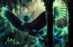  2018 black_feathers blue_hair detailed_background digital_media_(artwork) equine feathered_wings feathers female feral green_feathers green_hair hair hooves horn mammal solo turnipberry winged_unicorn wings 
