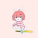 1:1 2023 accessory anthro artist_name bangs blue_markings brown_eyes cheek_markings clothed clothed_anthro clothed_female clothing colored digital_drawing_(artwork) digital_media_(artwork) eyelashes facial_markings fan_character female female_anthro flat_chested footwear fur grey_pupils hair hair_accessory hairclip half-closed_eyes head_markings heart_(marking) hi_res lagomorph light lighting long_ears looking_at_viewer mammal markings melee_weapon multicolored_clothing multicolored_sweater multicolored_topwear narrowed_eyes noseless open_mouth outline pantsless_anthro pantsless_female pattern_clothing pattern_sweater pattern_topwear pey_(peypey_mei1925) peypey_mei1925 pink_bow pink_hair pink_markings pupils rabbid raving_rabbids rayman_(series) red_mouth red_stripes shaded shoes short_hair simple_background sitting sleeves_past_wrists solo striped_clothing striped_sweater striped_topwear stripes sweater sword tan_background tan_eyelids tan_inner_ear text topwear two_tone_clothing two_tone_sweater two_tone_topwear ubisoft weapon white_body white_clothing white_footwear white_fur white_outline white_shoes white_sweater white_topwear