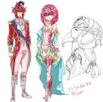  1girl blush brother_and_sister cape dress humanization jewelry long_hair looking_at_viewer mipha pointy_ears red_hair shuri_(84k) siblings sidon smile the_legend_of_zelda the_legend_of_zelda:_breath_of_the_wild yellow_eyes 