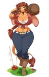  2018 alpha_channel anthro barrel bedroom_eyes belt big_breasts big_thighs bovine braided_hair breasts brown_hair cattle chalo cleavage clothed clothing eyebrows female freckles gloves green_eyes hair half-closed_eyes holding_object horn huge_breasts huge_ears jewelry las_lindas long_ears looking_at_viewer mammal midriff mora_linda navel necklace pants seductive shirt simple_background smile solo tail_tuft thick_thighs tied_shirt transparent_background tuft undershirt voluptuous webcomic wide_hips 