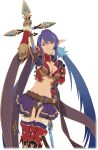  1girl alternate_costume armor artist_request blue_hair breasts cleavage closed_mouth cosplay feet_out_of_frame game_cg gauntlets granblue_fantasy highres holding holding_behind_back holding_polearm holding_polearm_behind_back holding_weapon holding_weapon_behind_back judith_(tales) large_breasts long_hair looking_at_viewer medium_breasts midriff multicolored_hair navel official_art pointy_ears polearm purple_eyes purple_hair purple_skirt red_armor skirt smile solo tales_of_(series) tales_of_asteria tales_of_vesperia third-party_source transparent_background twintails two-tone_hair very_long_hair weapon zeta_(granblue_fantasy) 