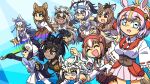  6+girls ^_^ animal_ears apron arm_up arms_at_sides arms_up art_brush bare_arms bare_shoulders black_gloves black_hair black_pants black_sports_bra blonde_hair blue_eyes blue_hair bow braid bridle brown_eyes brown_hair brown_shirt brown_skirt brown_thoroughbred_(kemono_friends) chestnut_thoroughbred_(kemono_friends) chibi chibi_only closed_eyes closed_mouth commentary_request corset dark-skinned_female dark_skin double-parted_bangs elbow_gloves empty_eyes extra_ears fingerless_gloves frilled_skirt frills gloves gray_thoroughbred_(kemono_friends) grey_eyes grey_hair gyokuryu_(kemono_friends) hair_between_eyes hair_bow hair_over_one_eye highres holding holding_paintbrush horizontal_pupils horse_ears horse_girl horse_tail hyracotherium_(kemono_friends) japan_racing_association japari_symbol jumping kemono_friends kemono_friends_3 long_hair long_sleeves looking_ahead looking_at_viewer medium_hair miniskirt multicolored_hair multiple_braids multiple_girls navel neck_ribbon open_mouth outstretched_arm outstretched_arms paintbrush palomino_quarter_horse_(kemono_friends) pants pink_bow pink_hair pink_skirt przewalski's_horse_(kemono_friends) purple_eyes ribbon running shinme_(kemono_friends) shirt skirt sleeveless smile sports_bra sportswear spotted_hair spread_arms srd_(srdsrd01) standing suspender_skirt suspenders tail tarpan_(kemono_friends) two-tone_hair v-shaped_eyebrows very_dark_skin very_long_hair white_apron white_gloves white_hair white_pants white_shirt white_skirt white_sports_bra white_thoroughbred_(kemono_friends) wide_sleeves yoga_pants 