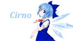  1girl blue_dress blue_eyes blue_hair bow character_name cirno commentary_request dress flat_chest hair_bow ice ice_wings looking_at_viewer miv4t short_hair solo touhou upper_body wings 