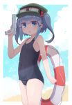  absurdres bangs blue_eyes blue_hair blue_sky blue_swimsuit blush cloud collarbone covered_navel cowboy_shot day flat_chest goggles goggles_on_head green_hat hair_bobbles hair_ornament hat highres kawashiro_nitori kibisake lifebuoy looking_at_viewer medium_hair old_school_swimsuit one-piece_swimsuit outdoors school_swimsuit shade sidelocks sky solo standing swimsuit thighs touhou twintails two_side_up water_gun 