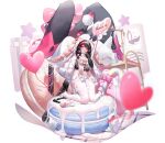  1girl animal_hood artist_request balloon black_gloves black_hair bow buttons candy candy_cane character_request closed_mouth cream_on_clothes daiblos_core donut elbow_gloves food gloves heart heart_balloon heart_in_eye highres hood kneeling multicolored_gloves multicolored_hair pantyhose pink_bow pink_ribbon pom_pom_(clothes) rabbit_hood red_bow red_hair ribbon sandals shoes single_shoe solo star_(symbol) streaked_hair symbol_in_eye teapot two-tone_gloves unworn_sandals white_bow white_gloves white_pantyhose 