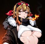  1girl absurdres alkaid_exec armpits black_background black_jacket black_scarf blonde_hair breasts breath_weapon breathing_fire bright_pupils cigarette crop_top embers english_commentary fire fur_trim goggles goggles_on_head hairband highres hololive hololive_indonesia jacket kaela_kovalskia kaela_kovalskia_(1st_costume) large_breasts looking_to_the_side medium_hair open_clothes open_jacket red_eyes red_hairband scarf shirt smoking solo underboob upper_body virtual_youtuber white_pupils white_shirt 