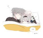  1boy 1girl ? ?? blue_pupils blue_ribbon blush brown_hairband caelus_(honkai:_star_rail) firefly_(honkai:_star_rail) gradient_eyes grey_hair hair_between_eyes hair_intakes hair_ornament hair_ribbon hairband highres honkai:_star_rail honkai_(series) hsr_shiro long_hair multicolored_eyes one_eye_closed open_mouth pillow ribbon sleeping trailblazer_(honkai:_star_rail) twitter_username under_covers zzz 