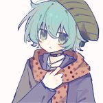  1boy animal_collar aqua_eyes aqua_hair beanie blue_jacket chinese_commentary collar commentary_request green_hat hand_up hat hiyori_sou jacket jewelry key key_necklace kimi_ga_shine male_focus necklace polka_dot polka_dot_scarf red_scarf scarf scarf_pull simple_background solo upper_body white_background xianen16437 