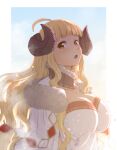  1girl :d ahoge anila_(granblue_fantasy) blonde_hair blunt_bangs breasts cape cleavage commentary_request curled_horns detached_collar draph dress fur-trimmed_cape fur-trimmed_collar fur_trim granblue_fantasy haniwa_(leaf_garden) highres horns large_breasts light_particles long_hair long_sidelocks open_mouth overexposure raised_eyebrows sheep_horns sidelighting sidelocks smile solo strapless strapless_dress thick_eyebrows upper_body very_long_sidelocks white_cape white_dress yellow_eyes 