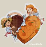  1boy 1girl bare_legs black_hair breast_rest breasts candy chandllucky chocolate closed_eyes closed_mouth dress eating elbow_rest english_commentary food food_on_face food_print fruit fruit_print full_body fur-trimmed_shorts fur_trim hat heart heart-shaped_chocolate heart-shaped_food high_heels highres large_breasts long_hair looking_at_another mandarin_orange monkey_d._luffy nami_(one_piece) one_piece open_clothes open_shirt orange_hair orange_print red_shoes sandals scar scar_on_cheek scar_on_chest scar_on_face shirt shoes shorts shoulder_tattoo simple_background smile sparkle straw_hat tattoo twitter_username valentine wavy_hair white_dress white_shirt 