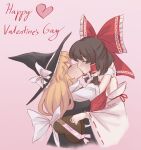 2girls apron bare_shoulders black_vest blonde_hair bow box box_of_chocolates brown_hair closed_eyes commentary detached_sleeves english_commentary english_text frilled_bow frilled_hair_tubes frilled_hat frills gift hair_bow hair_tubes hakurei_reimu happy_valentine hat hat_bow heart heart-shaped_box highres kirisame_marisa kiss multiple_girls red_bow red_ribbon red_shirt ribbon ribbon-trimmed_sleeves ribbon_trim shirt sleeveless sleeveless_shirt there2007 touhou turtleneck valentine vest waist_apron white_bow white_shirt witch_hat yuri 