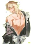  1boy absurdres apron artist_name back back_bow black_dress blonde_hair blue_eyes blush bow closed_mouth commentary crossdressing crossdressing_(mtf) dress ear_blush embarrassed english_commentary enmaided flying_sweatdrops frilled_apron frills genshin_impact green_outline hair_between_eyes highres long_sleeves looking_at_viewer looking_back maid male_focus male_maid median_furrow medium_hair multiple_scars off_shoulder open_clothes open_dress outline raised_eyebrows scar scar_on_back scar_on_shoulder simple_background sleeve_cuffs snvvvo solo sweatdrop varka_(genshin_impact) watermark white_apron white_background white_bow 