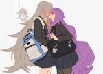  2girls absurdres backpack bag bag_charm bella_(honkai_impact) benares_(honkai_impact) black_bag black_jacket black_skirt blazer blue_bag blush cellysticks charm_(object) commentary english_commentary grey_hair highres honkai_(series) honkai_impact_3rd imminent_kiss jacket long_hair multiple_girls purple_hair shoulder_bag sirin skirt valentine very_long_hair white_background yuri 