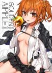  ahoge apple belt black_jacket breasts chaldea_uniform commentary_request fate/grand_order fate_(series) food fruit fujimaru_ritsuka_(female) golden_apple hair_between_eyes hair_ornament hair_scrunchie jacket looking_at_viewer navel one_side_up open_clothes open_mouth open_shirt open_skirt orange_eyes orange_hair orange_scrunchie pleated_skirt scrunchie shuutou_haruka side_ponytail skirt unbuckled_belt underboob 