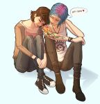  2girls absurdres arm_tattoo black_pants black_shoes blue_background blue_hair brown_hair brown_hoodie chloe_price denim english_text highres hood hoodie jeans life_is_strange_(series) life_is_strange_1 looking_at_another max_caulfield multiple_girls open_clothes open_hoodie pants pink_shirt shirt shoes short_hair sitting speech_bubble tank_top tattoo visualeffex white_tank_top 