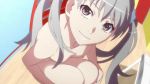  1girl areola bangs breasts eyes long_hair looking_at_viewer medium_breasts monogatari_(series) nipples nose nude_filter oikura_sodachi owarimonogatari scrunchie silver_eyes silver_hair smile solo third-party_edit white_scrunchie 