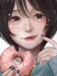  1girl aegyo_sal artist_name black_eyes black_hair blue_nails blue_sweater blush close-up commentary donut eyelashes food hair_between_eyes highres holding holding_food licking_lips lips mimitanu25 original portrait red_lips short_hair signature sleeves_past_wrists smile solo sprinkles sweater tongue tongue_out 