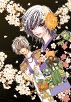  bishounen black black_background black_kimono brown_hair code_geass commentary_request couple crossdressing double-breasted dutch_angle epaulettes floral_print flower flower_knot formal furisode gold_trim green_eyes grey_hair highres hiki_furisode holding holding_hands japanese_clothes kimono kou_(suzalulu) kururugi_suzaku lelouch_lamperouge lipstick looking_down makeup male_focus military military_uniform multiple_boys obi print_kimono purple_eyes sash tassel together tuxedo uniform upper_body v-shaped_eyebrows wedding yaoi 