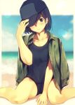  arm_up bangs beach between_legs black_eyes black_hair black_hat black_swimsuit blue_sky blurry blurry_background blush closed_mouth cloud collarbone commentary_request day depth_of_field eyebrows_visible_through_hair flat_cap fujiwara_mizuki green_jacket hair_between_eyes hand_between_legs hand_on_headwear hat head_tilt horizon jacket jacket_on_shoulders looking_at_viewer ocean one-piece_swimsuit open_clothes open_jacket original outdoors sand school_swimsuit sitting sky solo swimsuit wariza water 