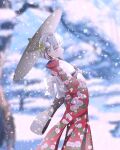  1girl absurdres blurry blurry_background commentary_request feet_out_of_frame floral_print floral_print_kimono highres holding holding_umbrella japanese_clothes kimono kujo_awenn link!_like!_love_live! love_live! multicolored_hair oil-paper_umbrella outdoors print_kimono red_kimono red_streaks rose_print snowing solo spider_web_print standing star_(symbol) star_print streaked_hair umbrella umbrella_over_shoulder virtual_youtuber white_hair yugiri_tsuzuri yugiri_tsuzuri_(hasu_no_sora_karuta) 
