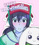  1boy 4str0zz alternate_costume android black_eyes black_hair blush cave_story character_doll commentary corrupted_twitter_file doll double-parted_bangs english_commentary hair_between_eyes happy_valentine hat highres low_ponytail male_focus medium_hair neckerchief outline parted_lips pink_background pink_outline ponytail quote_(cave_story) red_hat red_neckerchief short_ponytail sidelocks solo toroko upper_body white_outline 