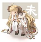  1girl ahoge anila_(granblue_fantasy) black_sandals blonde_hair blunt_bangs blush breasts cape closed_mouth commentary_request curled_horns draph dress elbow_gloves elbows_on_thighs full_body fur-trimmed_cape fur_trim gloves granblue_fantasy hands_on_own_cheeks hands_on_own_face haniwa_(leaf_garden) head_rest highres horns large_breasts long_hair long_sidelocks looking_at_viewer okobo parted_hair pelvic_curtain platform_sandals sandals sheep_horns sidelocks smile solo squatting strapless strapless_dress tabi thick_eyebrows thighhighs two-sided_cape two-sided_fabric very_long_sidelocks white_cape white_dress white_gloves white_thighhighs yellow_eyes 