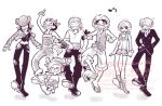  2girls 5boys ^_^ antlers arm_up blush cigarette closed_eyes commentary_request cowboy_hat full_body greyscale haramaki hat hat_over_eyes horns jumping log_pose long_nose mitsubachi_koucha monkey_d._luffy monochrome multiple_boys multiple_girls musical_note nami_(one_piece) nico_robin one_piece pants reindeer_antlers roronoa_zoro sandals sanji_(one_piece) scar scar_on_face short_hair shorts smile spot_color straw_hat straw_hat_pirates suit suspenders tony_tony_chopper twitter_username usopp 