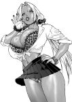  1girl animal_print bare_legs black_skirt bra breasts candy cessa cowboy_shot dark-skinned_female dark_skin food greyscale hair_ornament hair_scrunchie hand_on_own_hip hand_up highleg highleg_panties highres holding holding_candy holding_food holding_lollipop ingrid_(taimanin_murasaki) large_breasts leopard_print leopard_print_bra leopard_print_panties lollipop lollipop_in_mouth long_hair low_twintails mole mole_under_mouth monochrome navel_piercing panties parted_bangs piercing print_bra print_panties scrunchie shirt skirt solo standing taimanin_(series) taimanin_murasaki twintails underwear very_long_hair white_shirt wrist_scrunchie 
