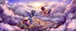  2018 cloud cutie_mark detailed_background duo equine eye_contact feathered_wings feathers female feral flying friendship_is_magic group hair hi_res hooves inowiseei mammal multicolored_hair my_little_pony open_mouth outside pegasus rainbow_dash_(mlp) scootaloo_(mlp) wings 