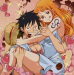  1boy 1girl :q bare_legs black_hair breasts carrying chandllucky chocolate closed_mouth commentary dress earrings feet_out_of_frame food_in_mouth hat heart highres jewelry large_breasts long_hair looking_at_viewer monkey_d._luffy mouth_hold nami_(one_piece) one_piece open_clothes open_shirt orange_hair pearl_earrings princess_carry scar scar_on_cheek scar_on_chest scar_on_face shirt shoulder_tattoo sparkle straw_hat tattoo teeth_hold thighs tongue tongue_out twitter_username unworn_hat unworn_headwear valentine wavy_hair white_dress white_shirt 
