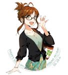  akizuki_ritsuko antenna_hair birthday bracelet brown_eyes brown_hair clover collarbone commentary_request glasses idolmaster idolmaster_(classic) jewelry long_sleeves looking_at_viewer open_mouth rushi_(bloodc) semi-rimless_eyewear simple_background smile standing white_background 