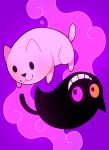  :3 animal_ears annoying_dog black_eyes black_fur cat cat_ears cat_tail colored_sclera colored_smoke deltarune dog dog_ears dog_tail friend_(deltarune) ghostbento grin heterochromia highres living_shadow pink_sclera purple_background rotational_symmetry sideways_glance smile smoke tail upside-down utdr_(toby_fox) white_fur yellow_sclera yin_yang 