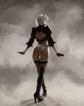  1girl ass back boots cosplay from_behind hair_ornament helly_von_valentine_(disharmonica) high_heels nier_(series) nier_automata one-piece_thong short_hair solo stockings thong white_hair yorha_no._2_type_b 