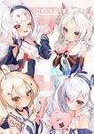  4girls absurdres animal_ear_fluff animal_ears ayanami_(azur_lane) azur_lane bare_shoulders black_choker black_hairband blonde_hair blush breasts cat_ears choker commentary detached_sleeves green_eyes hair_between_eyes hair_ornament hairband highres jacket laffey_(azur_lane) long_hair looking_at_viewer marimo_daifuku multiple_girls one_eye_closed open_mouth orange_eyes parted_lips ponytail rabbit_ears rabbit_girl red_eyes sailor_collar shimakaze_(azur_lane) sidelocks sims_(azur_lane) small_breasts smile tongue tongue_out twintails white_hair yellow_eyes 