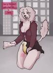 2023 anthro biped bodily_fluids bottomwear bra breasts canid canine canis cleavage clothed clothing collared_shirt dialogue diaper diaper_under_skirt digital_drawing_(artwork) digital_media_(artwork) domestic_dog dress_shirt elevator english_text exposed_diaper female fur genital_fluids kneeling looking_at_viewer mammal office office_clothing office_lady poodle potsnspots princess_(potsnspots) purple_eyes raised_tail shirt skirt solo speech_bubble story story_at_source story_in_description tail talking_to_viewer text topwear torn_bottomwear torn_clothing torn_skirt unbuttoned_shirt unclean_diaper underwear urine used_diaper wearing_diaper wet_diaper white_body white_fur