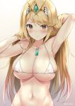  areola_slip areolae arm_up armpits bangs bikini blonde_hair blush breasts cleavage closed_mouth commentary_request eyebrows_visible_through_hair glint hairband hand_in_hair highres hikari_(xenoblade_2) kaetzchen large_breasts long_hair looking_at_viewer navel nipples simple_background skindentation solo swept_bangs swimsuit xenoblade_(series) xenoblade_2 yellow_eyes 