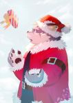  2017 5_fingers anthro belt canine cheek_tuft claws clothed clothing dog fangs gharne gift hat mammal moritaka open_mouth pawpads solo standing tokyo_afterschool_summoners tuft 