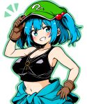  1girl anime_coloring aqua_eyes black_tank_top blue_eyes blue_hair blush breasts brown_gloves chirisazame1 cleavage clothes_around_waist commentary_request flat_cap gloves green_hat green_outline grin hair_intakes hand_on_headwear hat highres jacket jacket_around_waist kawashiro_nitori large_breasts midriff navel outline short_hair simple_background smile solo tank_top touhou two_side_up white_background 