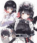  1girl :/ ? apron belt black_belt black_choker black_dress black_hair blunt_bangs blunt_ends blush breasts breath candy chibi chibi_inset choker closed_eyes collared_shirt colored_inner_hair commentary_request dress eating ellen_joe ellen_joe_(on_campus) exasperation food hair_ornament hairclip hand_on_own_hip highres holding holding_candy holding_food holding_lollipop hyb_muyuu lollipop lollipop_in_mouth looking_at_viewer loose_hair_strand maid maid_apron maid_headdress medium_breasts mole mole_under_eye multicolored_hair multiple_views orange_eyes pink_hair red_nails shirt short_sleeves sidelocks simple_background sleeves_rolled_up tsurime unkempt upper_body white_shirt zenless_zone_zero 