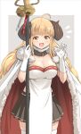  1girl :d ahoge anila_(granblue_fantasy) black_skirt blonde_hair blush breasts cape cleavage commentary_request cowboy_shot curled_horns detached_collar draph dress elbow_gloves fur-trimmed_cape fur-trimmed_collar fur_trim gloves granblue_fantasy granblue_fantasy_versus:_rising grey_background hand_up haniwa_(leaf_garden) highres holding holding_polearm holding_weapon horns large_breasts long_hair long_sidelocks miniskirt naginata notice_lines open_hand open_mouth pelvic_curtain pleated_skirt polearm sheep_horns sidelocks skirt smile solo strapless strapless_dress thick_eyebrows thighhighs two-sided_cape two-sided_fabric waving weapon white_cape white_dress white_gloves white_thighhighs yellow_eyes 