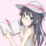  1girl aqua_eyes bangs bare_arms bare_shoulders black_hair blunt_bangs blush book bookmark bow breasts dress erect_nipples glasses haru_(springtree) hat hat_bow hat_ribbon long_hair looking_at_viewer medium_breasts original ribbon smile solo sun_hat sundress white_dress 