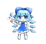  1girl blue_eyes blue_hair chibi chibi_only cirno commentary_request dress full_body ice ice_wings looking_at_viewer ribbon roto7360 short_hair simple_background smile socks solo standing touhou wings 